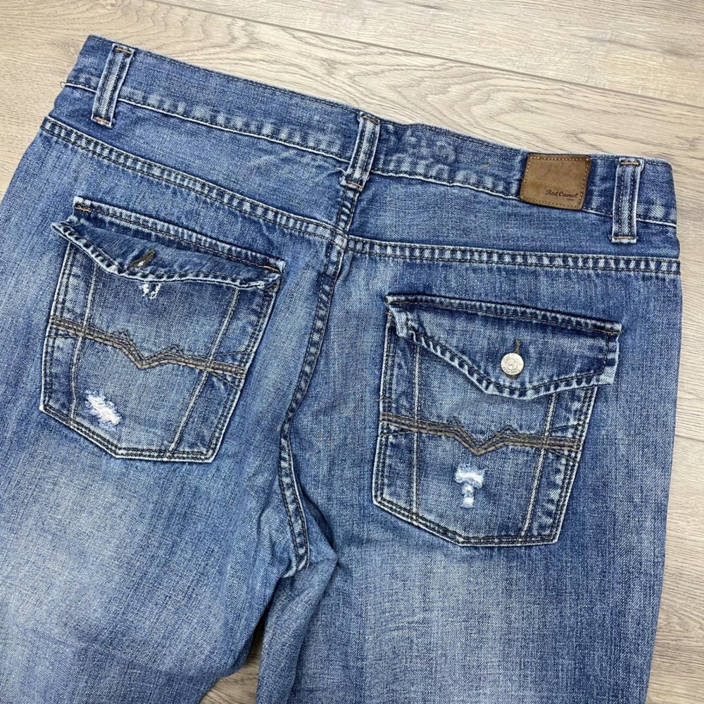 Red Camel Jeans Mens 38x30 Blue Distressed Flap Pocket Straight Leg Denim